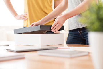 Fototapeta premium Pleasant girls packing the box