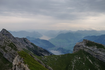 Fototapeta na wymiar Beautiful view to Lucerne lake (Vierwaldstattersee), mountain Rigi and Buergerstock from Pilatus, Swiss Alps, Central Switzerland