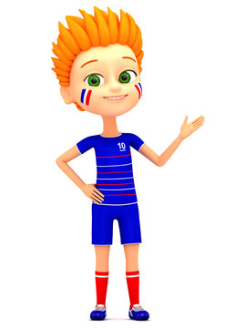 Boy soccer player hand points to an empty space. 3d render illus