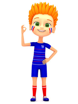 Boy soccer player shows okay on a white background. 3d render il