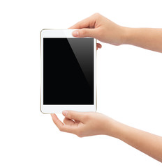 hand holding white tablet isolated on white clipping path inside