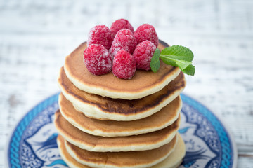 Breakfast: homemade pancakes with raspberry.