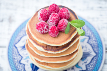 Breakfast: homemade pancakes with raspberry.