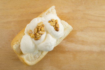 ice cream on bread thai sweet on wood background, copy space
