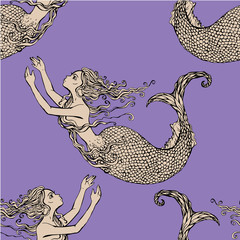 Seamless pattern with Beautiful mermaid girls. Hand drawn Illust
