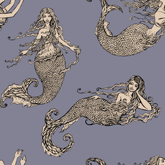 Seamless pattern with Beautiful mermaid girls. Hand drawn Illust