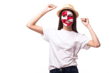 Victory, happy and goal scream emotions of Croatian football girl fan in game support of Croatia national team on white background. European football fans concept.
