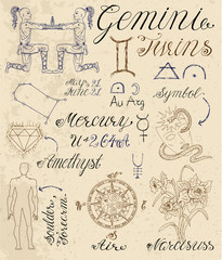 Fototapeta premium Full set of symbols for zodiac sign Gemini or Twins.