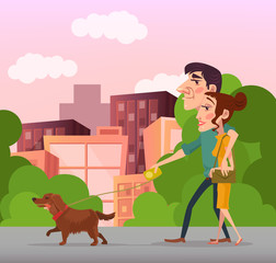 Happy couple walking with dog. Vector flat cartoon illustration