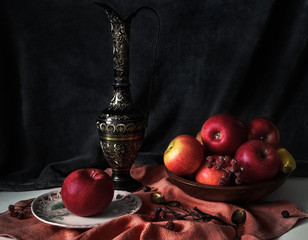 Still life with red apples,ancient jug, wooden bowl, briar,gold