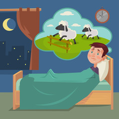 Sleepless man counting sheep. Vector flat cartoon illustration