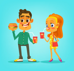 People eat fast food. Vector flat cartoon illustration