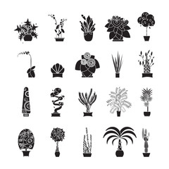 Fototapeta na wymiar Silhouette icons of houseplants, indoor and office plants in pot.