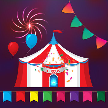 Big Top Circus Tents with decorative elements. Flags, fireworks and garlands.