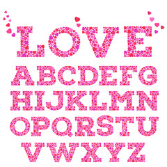 Brightly colored romantic alphabet with love inscription made of small vivid heart shapes in mosaic style.