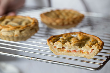 fresh baked mozzarella cheese and cherry tomatoes pie with a lattice crust