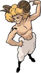 Zodiac sign hand drawn cartoon illustration, fantasy character of aries as a strong handsome man with horns