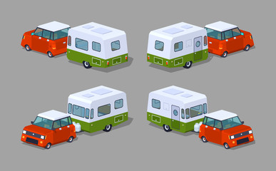 Fototapeta premium Red hatchback with green-white motor home. 3D lowpoly isometric vector illustration. The set of objects isolated against the grey background and shown from different sides