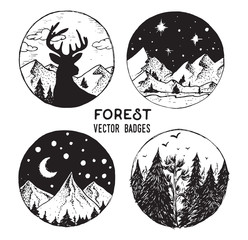 Vector set of round forest vintage logos, emblems, silhouettes and design elements. Logotype templates and badges with mountains, forest, trees,moon, deer.