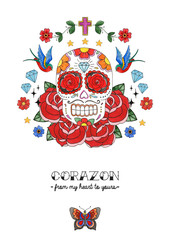 Day of the Dead Colorful Skull With Flowers. Watercolor Illustration.