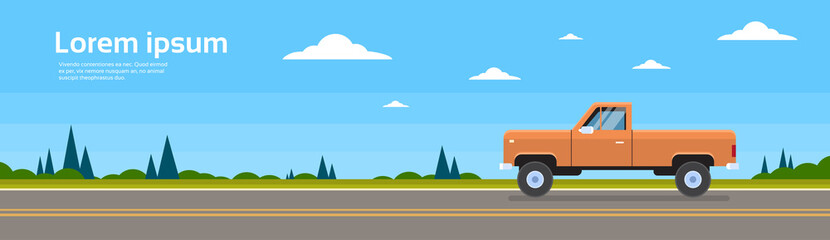 Pickup Car Truck On Road Banner With Copy Space