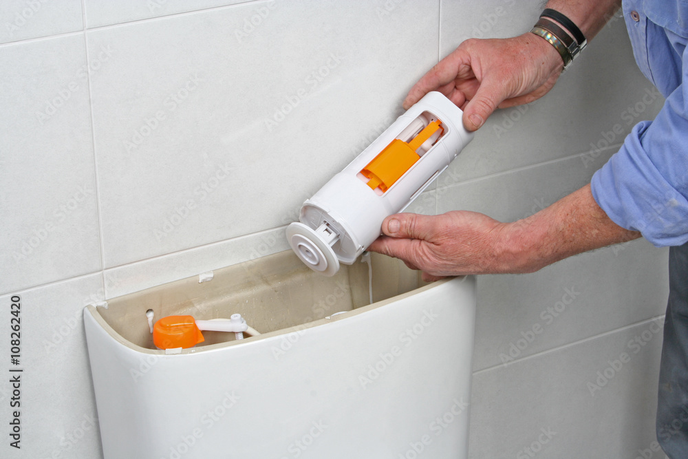 Wall mural plumber repairing a toilet cistern