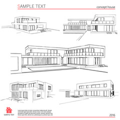 Wireframe blueprint drawing of 3D building. Vector architectural template background.