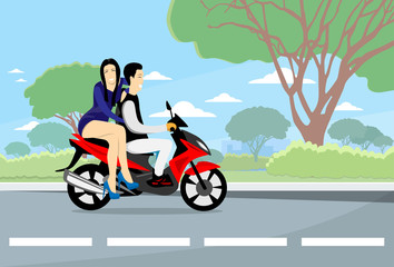 Fototapeta na wymiar Asian Couple Ride Motorcycle Scooter