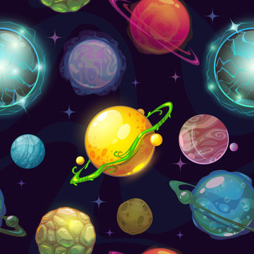Seamless space pattern with cartoon planets