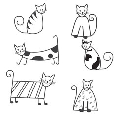 Funny cats sketch, a set of cute black and white cats for design