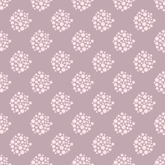 Dotted floral dust violet seamless pattern. Stylized polka dot flower repeating background.