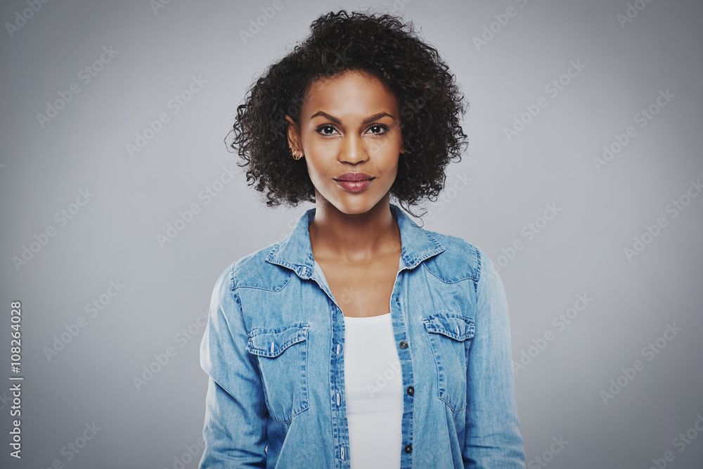 Sticker Serious black woman with blue jean shirt