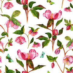 Fototapety  Bezszwowa tapeta w stylu vintage z akwarelowymi kwiatami i motylami