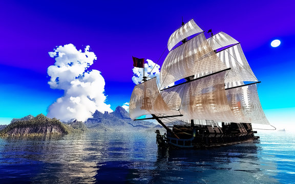 Pirate Ship And active volcano in 3d illustration