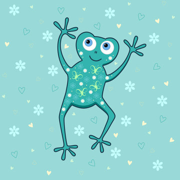 Vector illustration of frog on background with butterflies and hearts