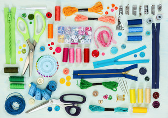 Sewing tool and accessories. Top view.