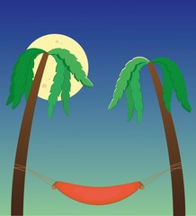 A tropical beach with palm trees at night under moon sky