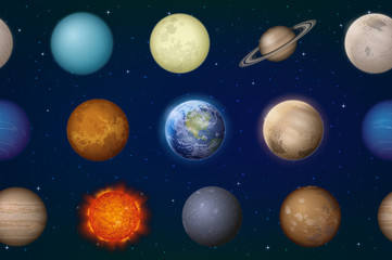 Space Seamless Background with Solar System Planets Sun, Earth, Moon, Mercury, Venus, Mars, Jupiter, Saturn, Uranus, Neptune, Pluto and Charon. Elements Furnished by NASA, http://solarsystem.nasa.gov