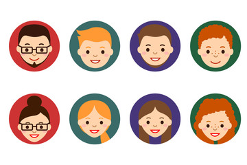 Male and female faces avatars. People icons. People Flat icons collection. Flat style vector icons set