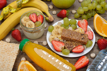 Various fruits on a wooden background