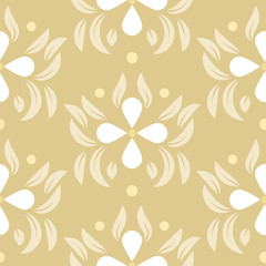 Floral leaves seamless vector pattern.  Gold beige flower repeating wallpaper pattern.