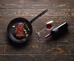 Marbled beef steak in a grill pan