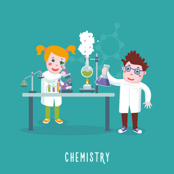 Kids education. Chemistry class. Children in a lab