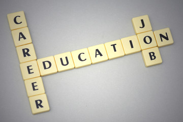 words education, career and job on a gray background