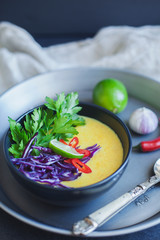 Thai coconut creamy soup with fresh vegetables. Vegan healthy fo