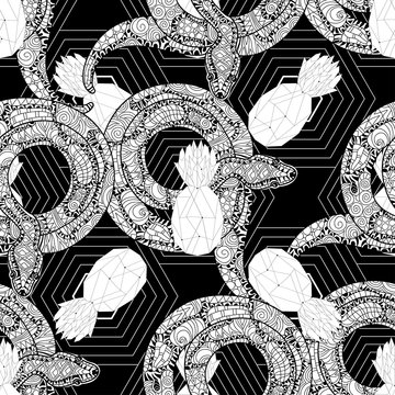 Hand drawn doodle anaconda seamless pattern