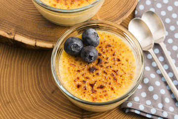 Creme brulee.French vanilla cream dessert with caramelised sugar