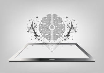vector tablet computer and hologram technology, digital brain concept