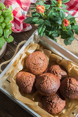 Chocolate muffins with crispy top (selective focus)