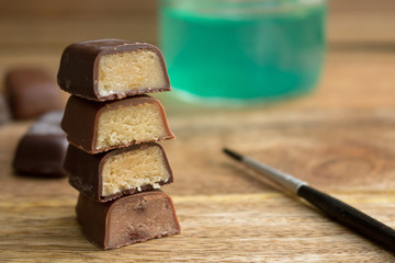 Chocolate covered marzipan on a table  